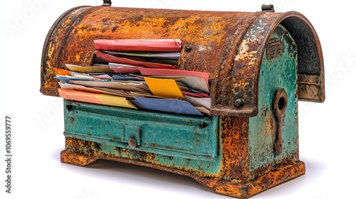 A retro tin mailbox overflowing with letters, isolated on a white background. photo