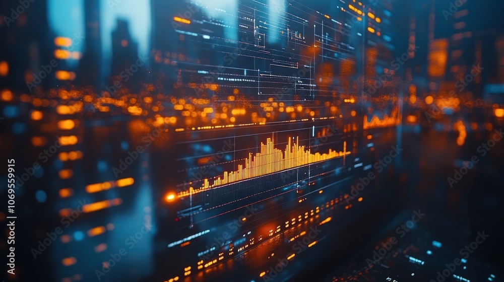 Fototapeta premium Abstract digital data visualization with glowing lines and graphs.