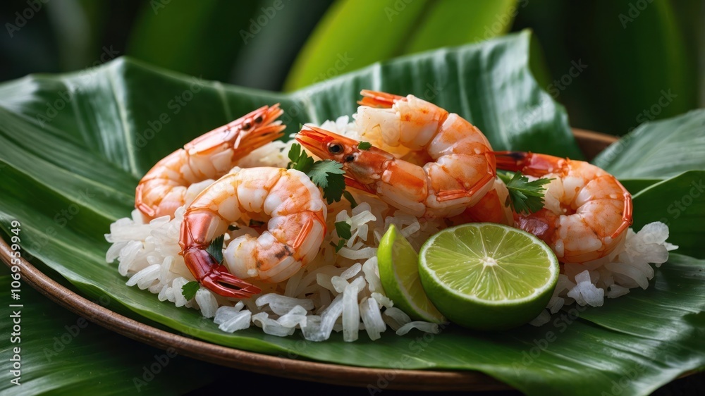 A plate of shrimp served on rice with lime and garnished with cilantro on a leaf backdrop. A plate of shrimp served on rice with lime and garnished with cilantro on a leaf backdrop.