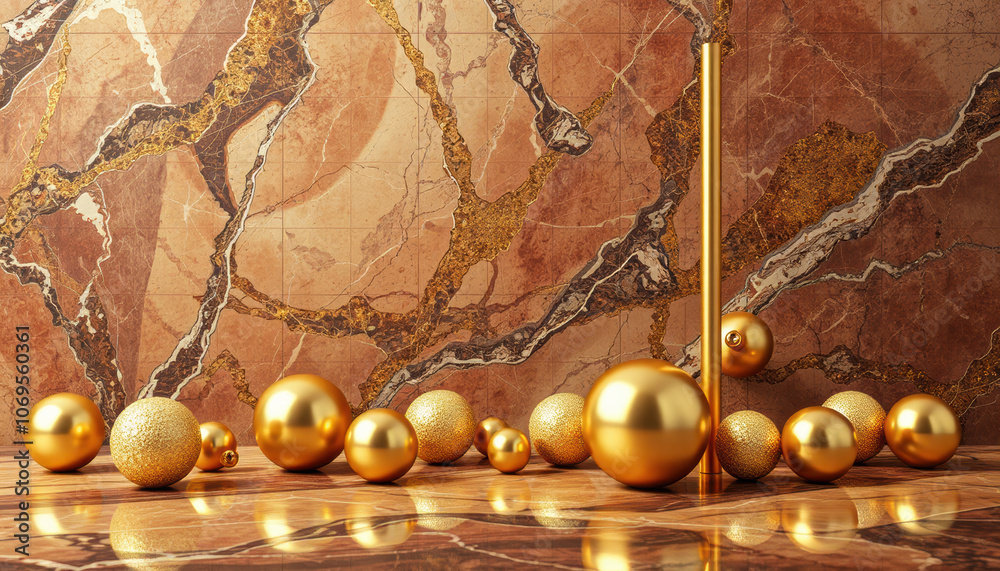 Naklejka premium stunning arrangement of marble and gold ball decorations on luxurious surface, creating elegant and sophisticated atmosphere. shiny textures and warm colors enhance overall aesthetic appeal