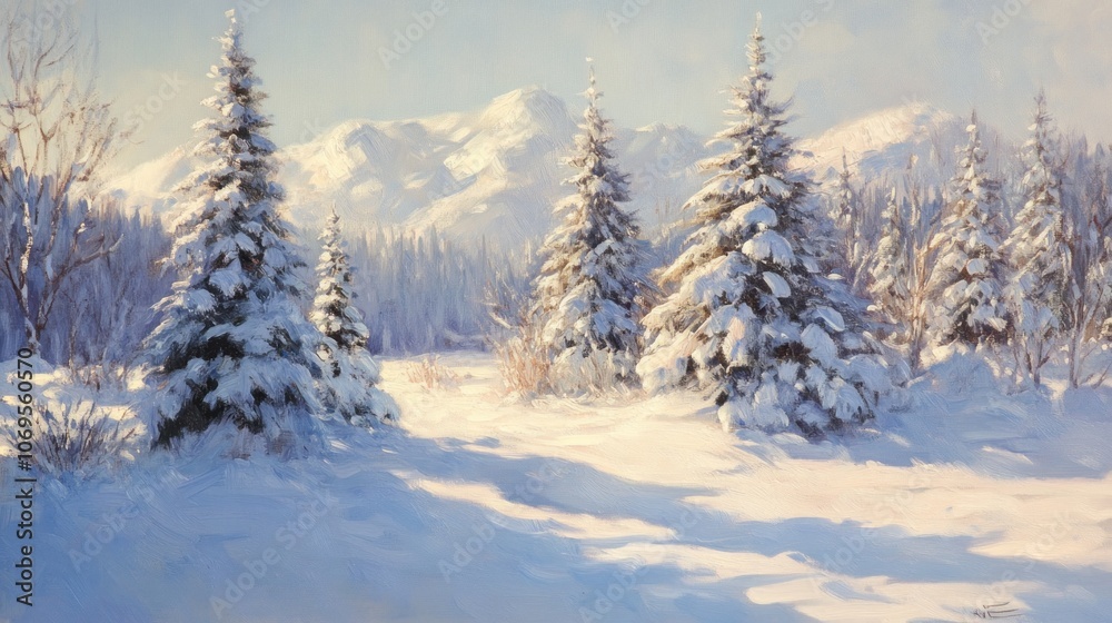 Beautiful snowy landscape with Christmas trees in the foreground, softly lit by morning sun Beautiful snowy landscape with Christmas trees in the foreground, softly lit by morning sun