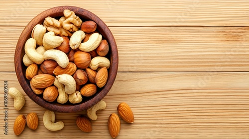 Rustic Bowl of Mixed Nuts on Wooden Background photo