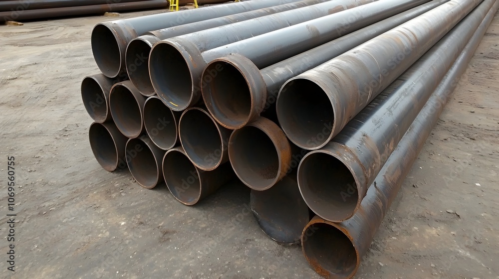 Stacked rows of large cylindrical metal pipes arranged neatly at an industrial construction site showcasing the materials and equipment used in building infrastructure and engineering projects Stacked rows of large cylindrical metal pipes arranged neatly at an industrial construction site showcasing the materials and equipment used in building infrastructure and engineering projects