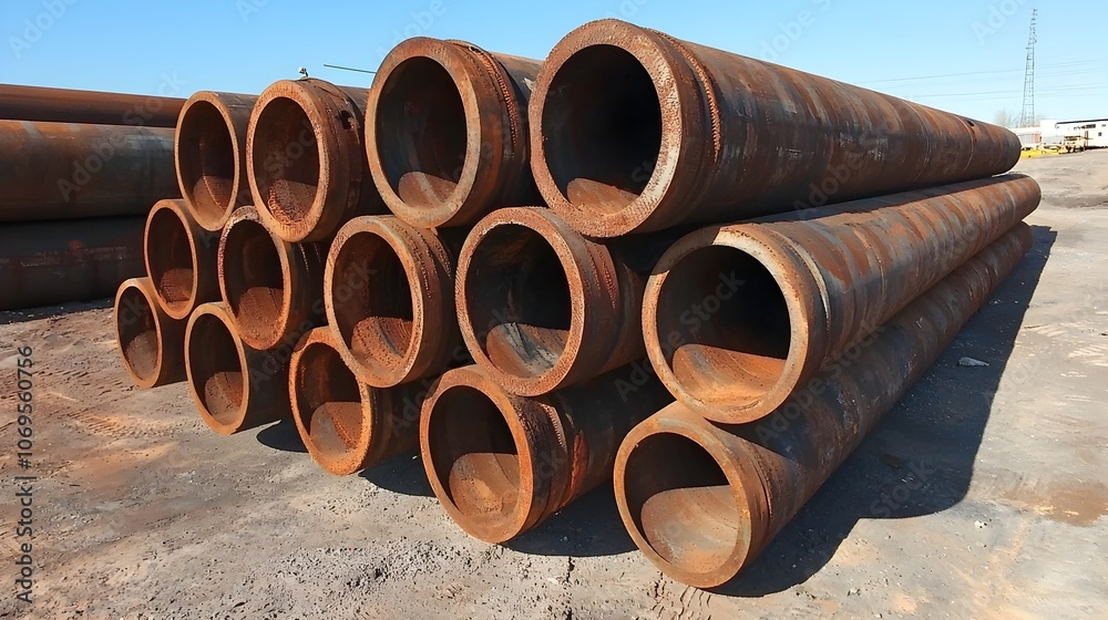 Stacked metal pipes arranged in orderly rows at a construction site representing the materials and infrastructure used in industrial development and engineering projects Stacked metal pipes arranged in orderly rows at a construction site representing the materials and infrastructure used in industrial development and engineering projects
