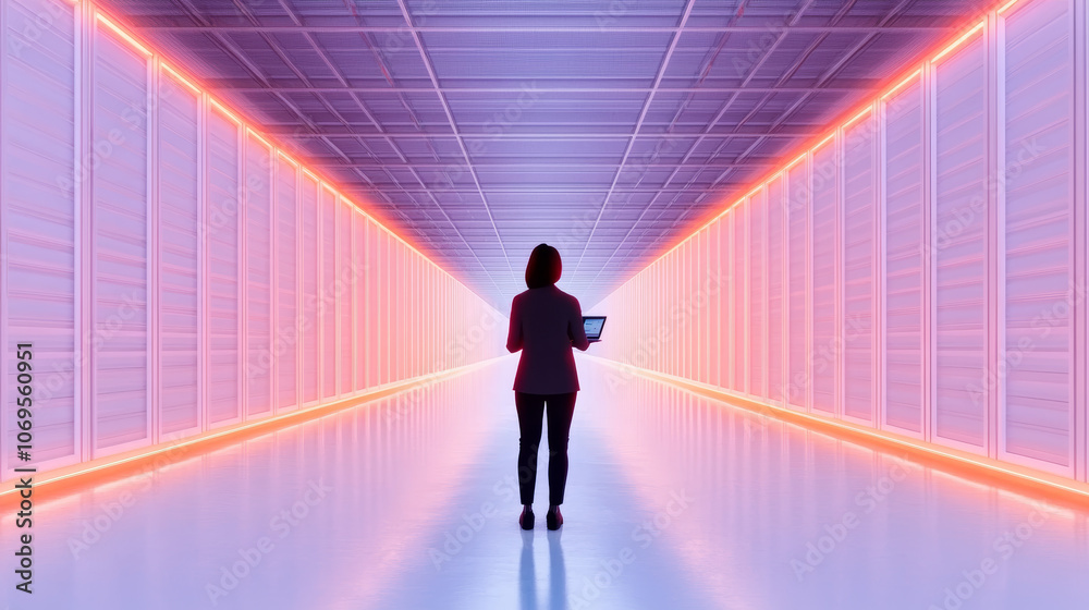 A woman in a business suit walks down a futuristic hallway lit with neon lights. A woman in a business suit walks down a futuristic hallway lit with neon lights.