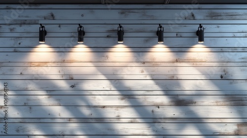 Whitewashed wood panel wall with sleek track lights casting soft linear shadows in rustic decor. AI generated