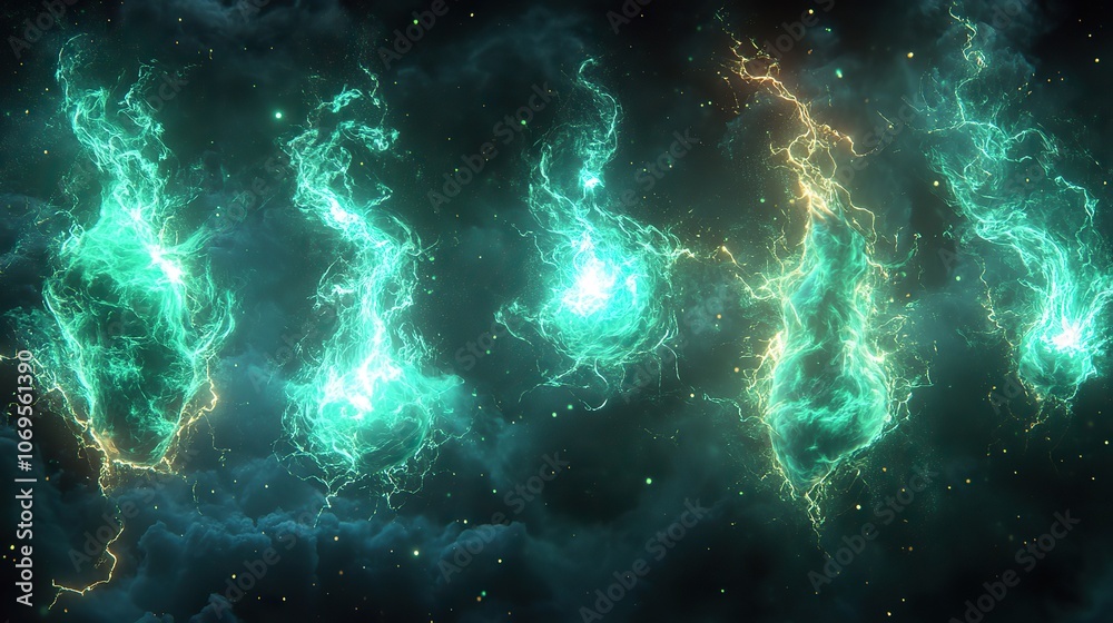 A set of green lightning bolts and electric discharges on a transparent background, representing energy and magical effects. A set of green lightning bolts and electric discharges on a transparent background, representing energy and magical effects.