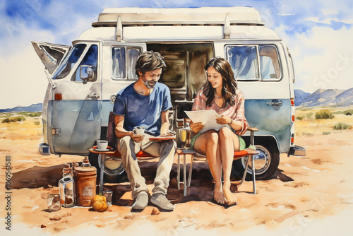 A couple sits by their retro camper van in a desert landscape, sharing coffee and reading together, enjoying a relaxed road trip moment.