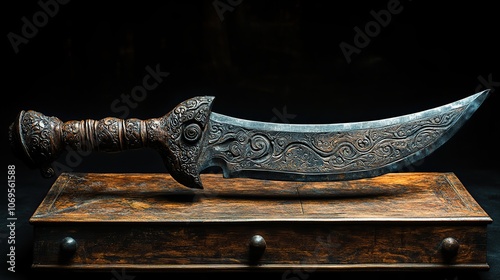 A shield and keris showcase an elaborately carved design with a unique handle and wavy blade.