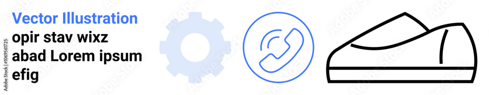 Gray gear, blue phone handset inside a circle, and a black outline of a shoe. Ideal for tech, communication, fashion, minimalism, simplicity, vector graphics, landing page Gray gear, blue phone handset inside a circle, and a black outline of a shoe. Ideal for tech, communication, fashion, minimalism, simplicity, vector graphics, landing page
