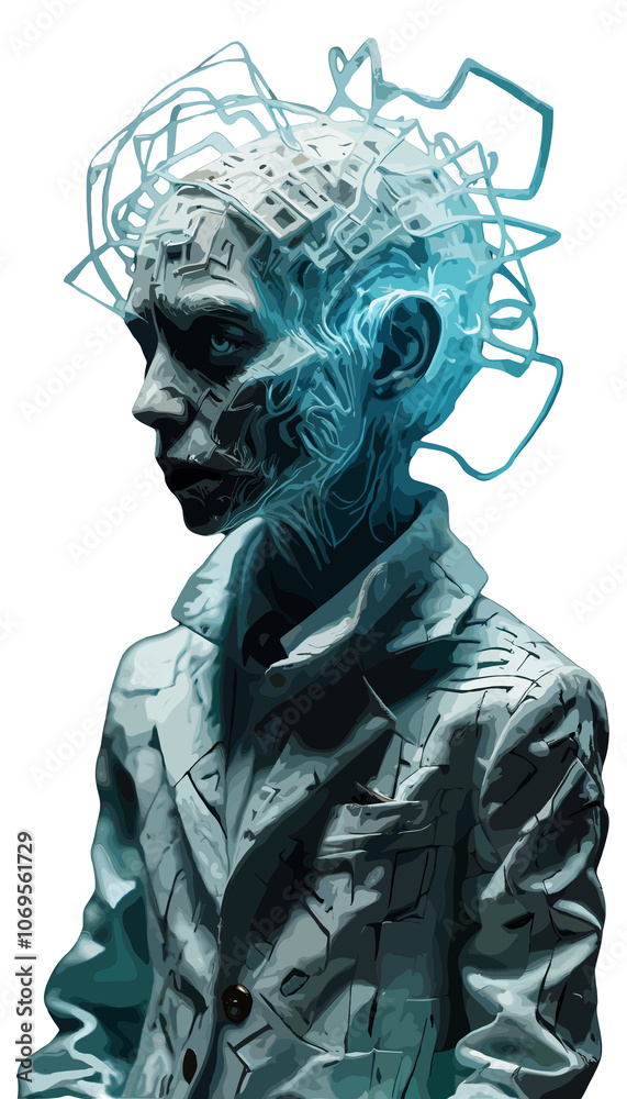 Obraz premium A futuristic humanoid figure with glowing wires and intricate patterns poses dramatically against a dark background in a modern art setting