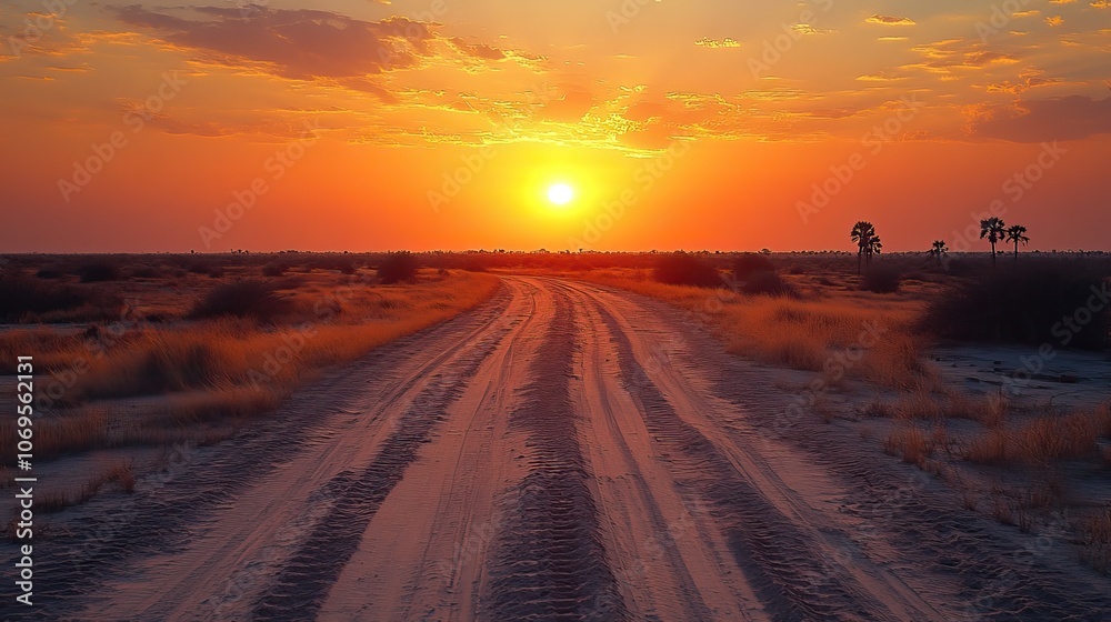 A skyline appears on the horizon over a desert landscape, featuring tire tracks from a vehicle adventure under a clear sky at sunset. A skyline appears on the horizon over a desert landscape, featuring tire tracks from a vehicle adventure under a clear sky at sunset.