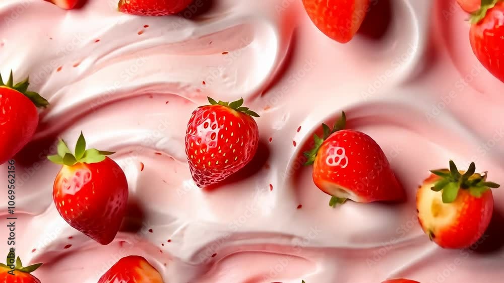 Fresh strawberries laid delicately across swirls of creamy yogurt, highlighting a vibrant contrast and food freshness, perfect for a healthy treat.