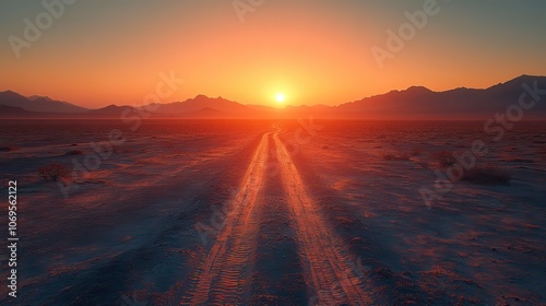 A skyline appears on the horizon over a desert landscape, featuring tire tracks from a vehicle adventure under a clear sky at sunset.