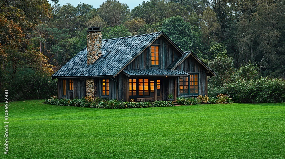 Fototapeta premium A small house on a lush green lawn, representing sustainable and eco-friendly living.
