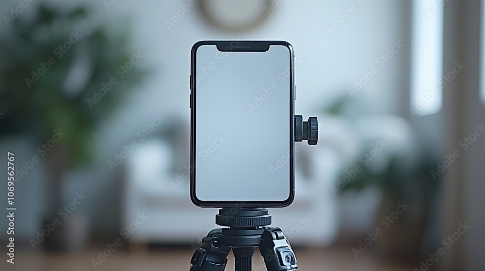 A smartphone with an empty screen securely mounted on a tripod, presented as a design mockup on a white background. A smartphone with an empty screen securely mounted on a tripod, presented as a design mockup on a white background.