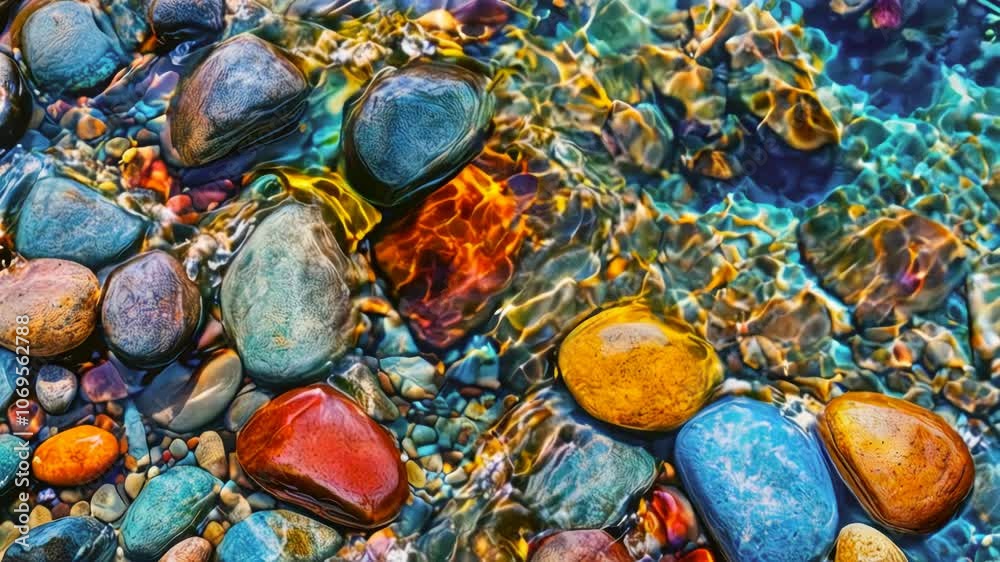 Vibrant Riverbed: Colorful Stones and Sparkling Water Vibrant Riverbed: Colorful Stones and Sparkling Water