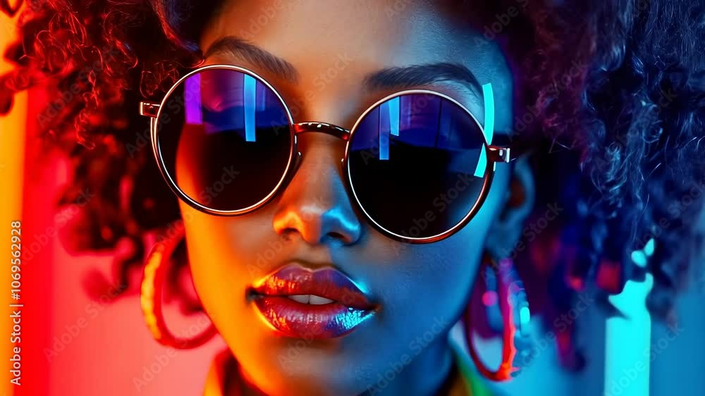 custom made wallpaper toronto digitalA young Black woman showcases her style in vibrantly colored lighting, wearing reflective sunglasses and bold earrings. Her confident gaze and glittery makeup speak of urban chic and self-expression.