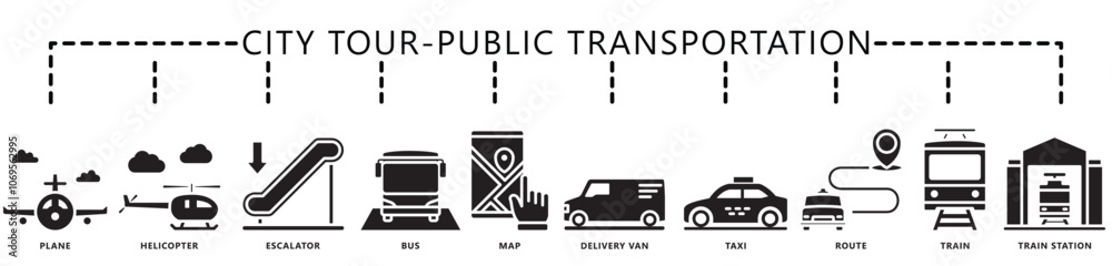 City tour, public transportation glyph icon banner. contain plane, escalator, van, bus, map, helicopter, train, route, taxi, and more. Vector EPS 10. for print, UI or UX kit, web and app development.