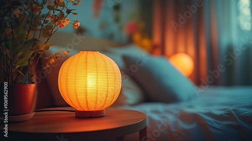 A softly glowing lamp on a nightstand in a dimly lit bedroom, evoking a cozy atmosphere.