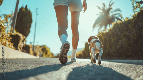 Fototapeta Naklejka Na Ścianę i Meble -  person is walking small dog on sunny day along pathway surrounded by greenery. warm sunlight creates cheerful atmosphere, enhancing joyful moment of companionship