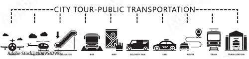 City tour, public transportation glyph icon banner. contain plane, escalator, van, bus, map, helicopter, train, route, taxi, and more. Vector EPS 10. for print, UI or UX kit, web and app development.