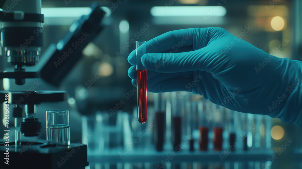 close up of gloved hand holding test tube filled with red liquid, showcasing laboratory setting with various glassware in background. scene conveys sense of scientific exploration and precision close up of gloved hand holding test tube filled with red liquid, showcasing laboratory setting with various glassware in background. scene conveys sense of scientific exploration and precision
