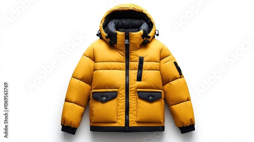 A stylish yellow winter down jacket for children is isolated on a white background, emphasizing its warmth and trendy design for fashion-forward winter wear.