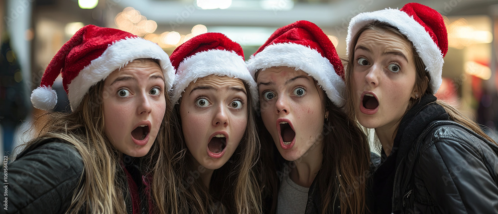 A group of four young women, dressed in Christmas attire and wearing Santa hats on their heads, generative AI A group of four young women, dressed in Christmas attire and wearing Santa hats on their heads, generative AI