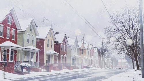 Winter wonderland in a suburban neighborhood covered in snow during the early morning light.Seamless 4k time lapse virtual video animation
