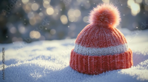 A 3D model of a cozy, knitted winter hat with a fluffy pom-pom on top, in warm colors like red and white. The hat is placed on a snowy surface, with soft shadows and a gentle winter glow. Winter. photo