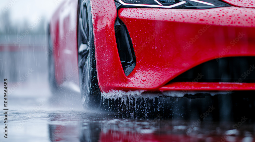 Fototapeta premium A red car being washed, with droplets of water on its surface and a line of soap suds at the bottom of the frame.