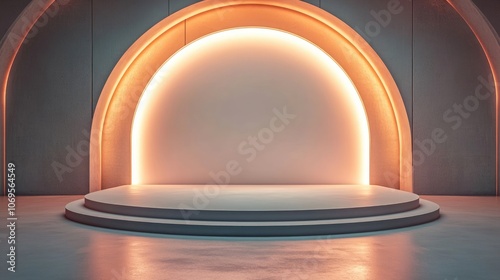 Circular Platform with Arched Neon Lights in a Dark Room