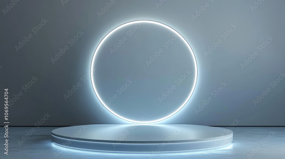 Minimalist Display Platform with Glowing Oval and Circular Lights Minimalist Display Platform with Glowing Oval and Circular Lights