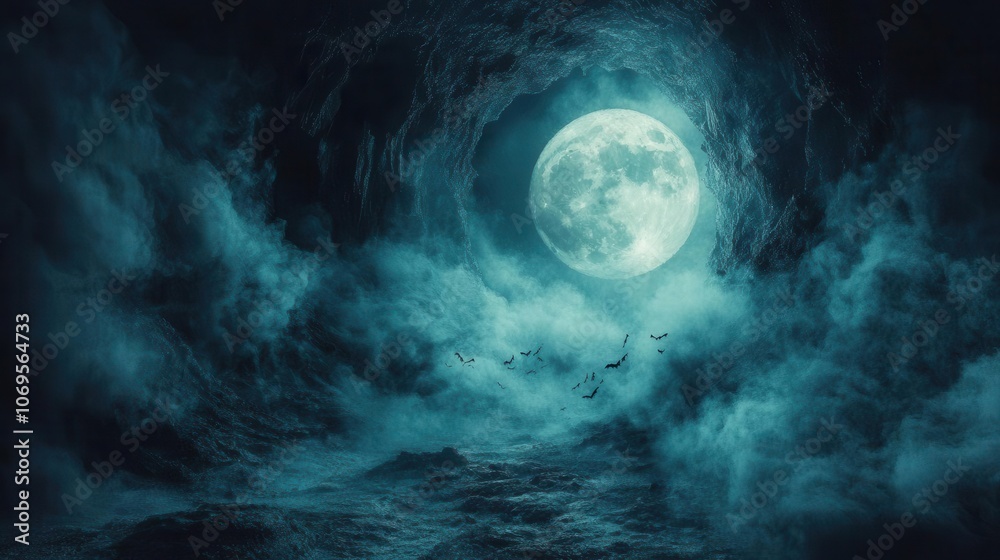 dark, shadowy cave entrance with swirling mist and bats emerging into a bright, moonlit night, enhancing the haunting, gothic atmosphere, perfect for halloween vibes dark, shadowy cave entrance with swirling mist and bats emerging into a bright, moonlit night, enhancing the haunting, gothic atmosphere, perfect for halloween vibes