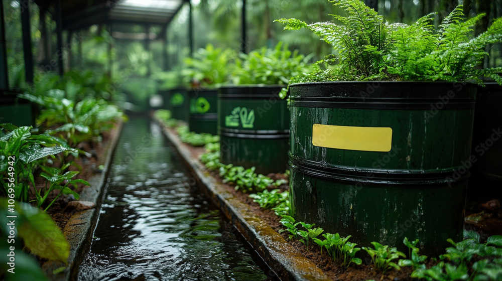Green plants in black pots by a peaceful stream in a garden Green plants in black pots by a peaceful stream in a garden