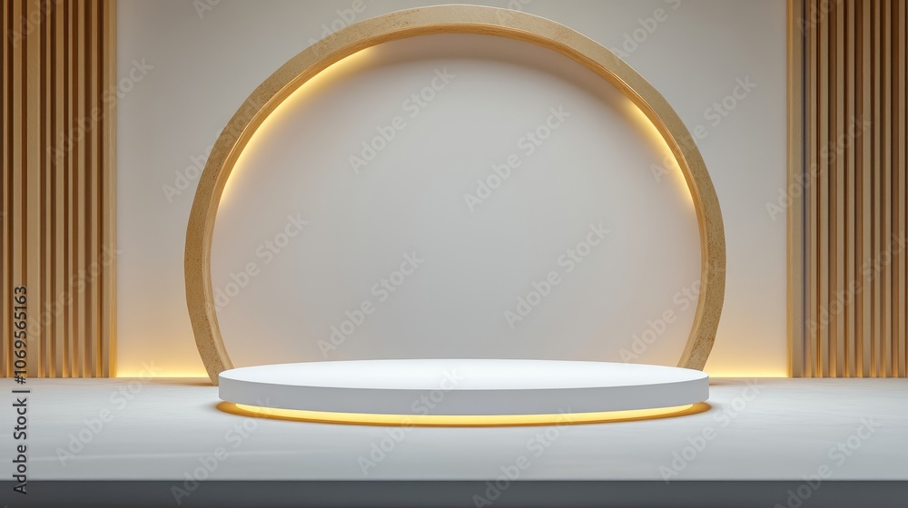 White Circular Platform with Wooden Archway and Wall Panels