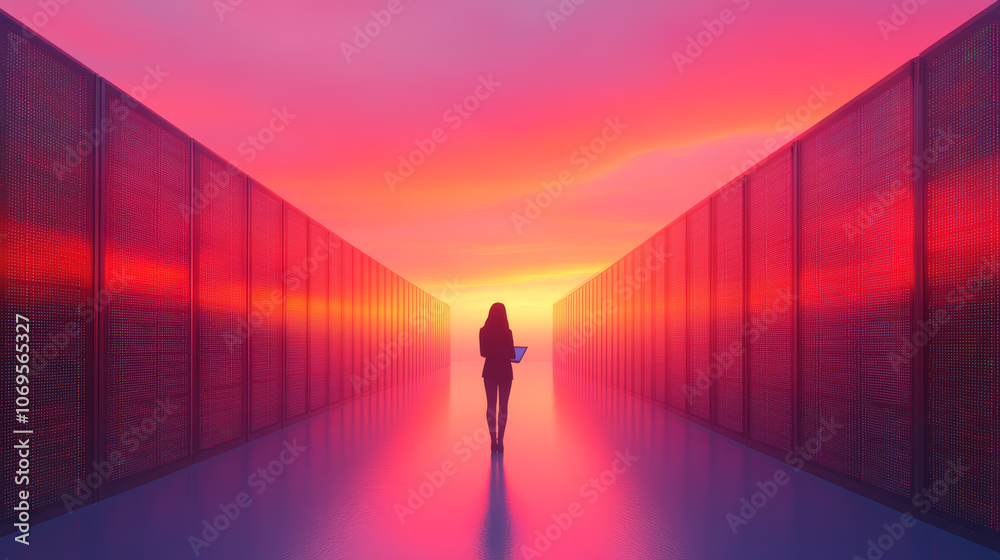 Silhouette of a woman walking towards the sunset in a server room. Silhouette of a woman walking towards the sunset in a server room.