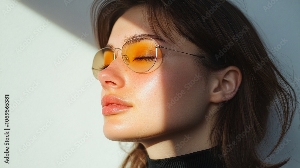 Serene profile of a young woman basking in golden sunlight, her eyes closed behind trendy yellow-tinted sunglasses, exuding a calm and fashionable aura. Serene profile of a young woman basking in golden sunlight, her eyes closed behind trendy yellow-tinted sunglasses, exuding a calm and fashionable aura.