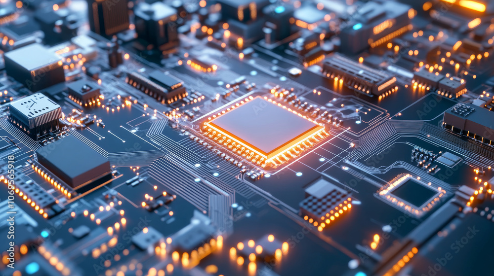Close up view of complex circuit board with glowing components, showcasing intricate details of technology and innovation. vibrant lights highlight advanced design Close up view of complex circuit board with glowing components, showcasing intricate details of technology and innovation. vibrant lights highlight advanced design