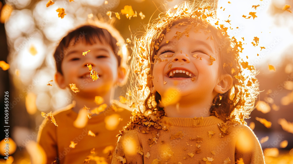 Two kids laugh as they play in a pile of fall leaves. Two kids laugh as they play in a pile of fall leaves.