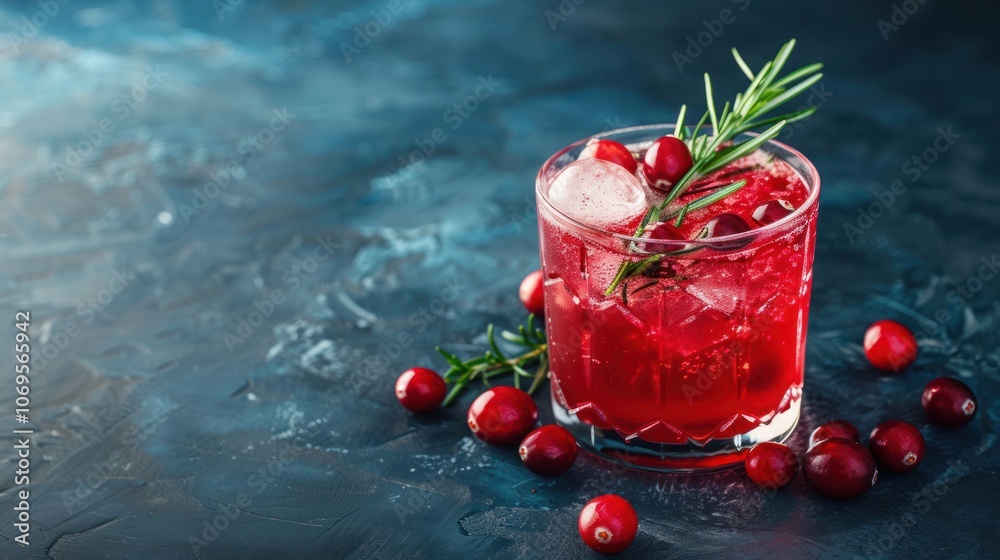 Cranberry and rosemary cocktail, Winter drink on dark blue background, AI generated image Cranberry and rosemary cocktail, Winter drink on dark blue background, AI generated image