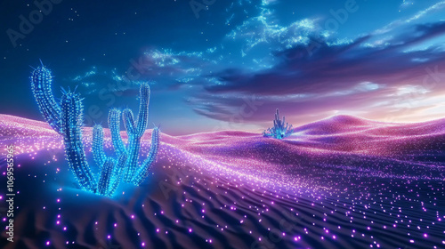 futuristic desert landscape featuring bioluminescent cacti glowing in vibrant colors under starry sky. scene evokes sense of wonder and tranquility