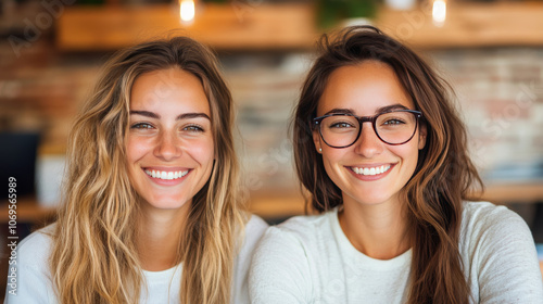 Two young women, one with glasses, smile brightly at the camera.