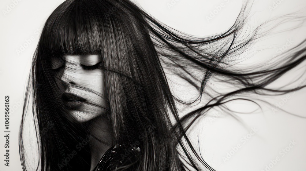 Woman with flowing hair in a black and white portrait Woman with flowing hair in a black and white portrait