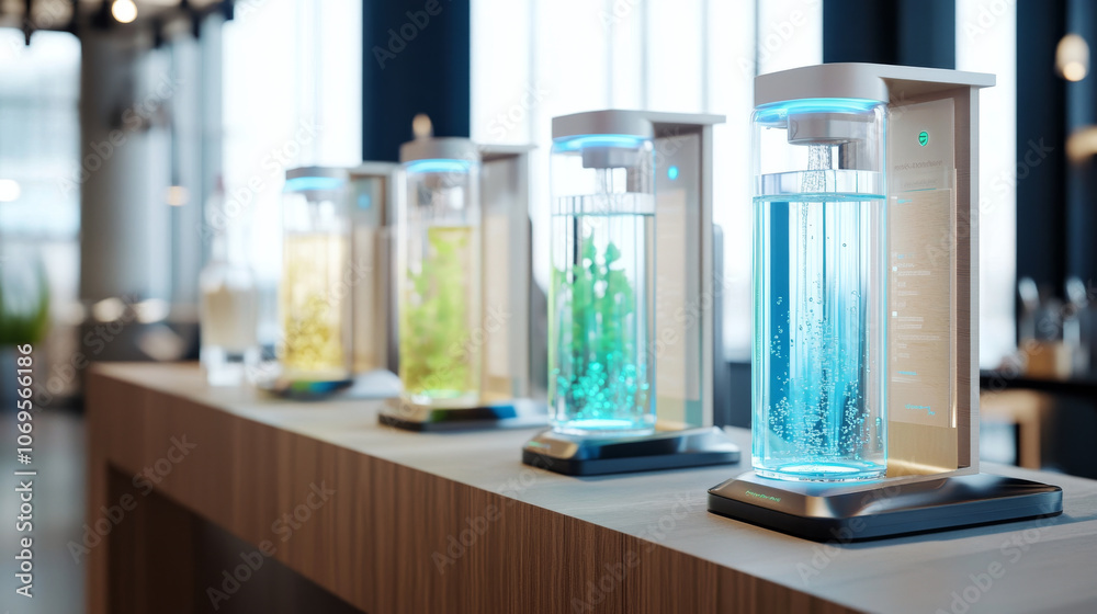 sleek hydration station featuring interactive digital displays, showcasing vibrant colored water in transparent containers. Ideal for modern offices or wellness spaces