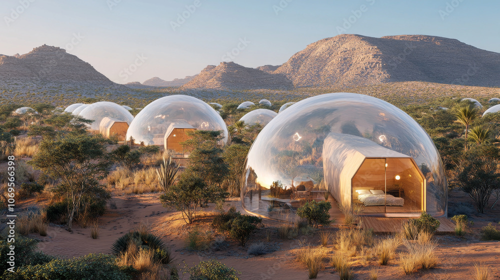 Innovative eco tourism site featuring transparent eco friendly domes in desert landscape. These unique structures blend nature and modern design, offering serene getaway Innovative eco tourism site featuring transparent eco friendly domes in desert landscape. These unique structures blend nature and modern design, offering serene getaway