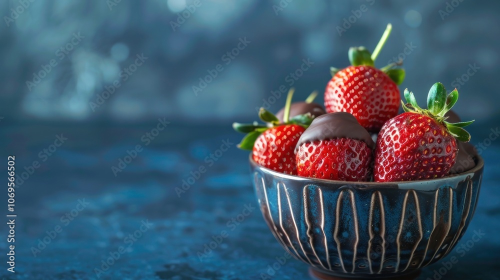 Chocolate covered strawberries in a bowl with green leaves on a dark blue background, Chocolate covered strawberries in a bowl with green leaves on a dark blue background,