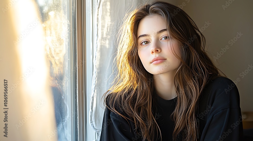 The young woman sits by the sunlit window, her face bathed in a warm glow as she gazes out at the world outside, lost in deep contemplation. The young woman sits by the sunlit window, her face bathed in a warm glow as she gazes out at the world outside, lost in deep contemplation.