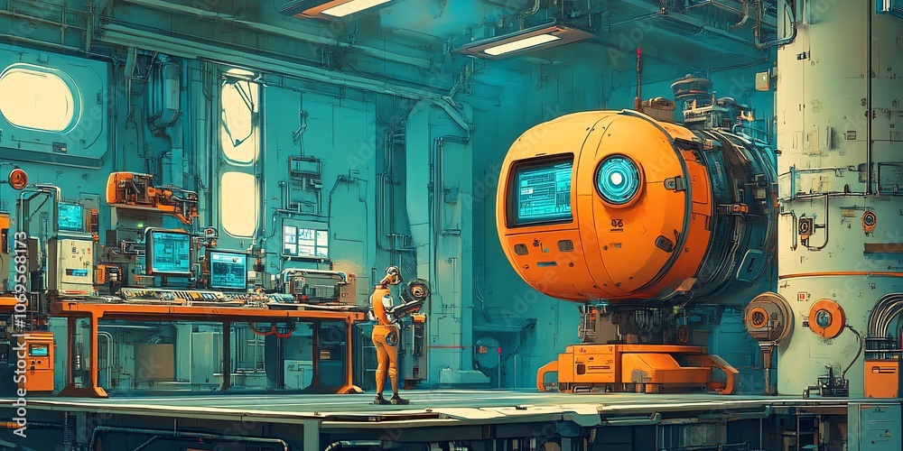 A futuristic mechanic works on a large orange robot inside a space station workshop. A futuristic mechanic works on a large orange robot inside a space station workshop.